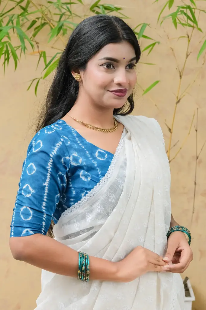 [0218] Deep Teal Blue White Natural Dye Blouse (34)