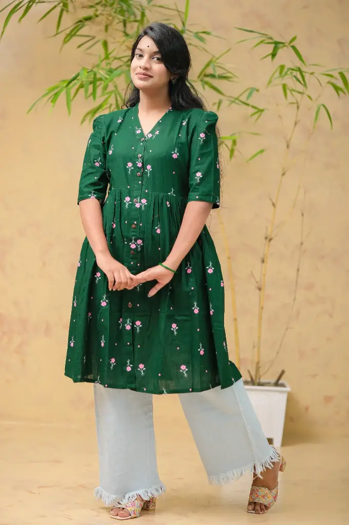 Bottle Green Pink Small Floral Frock