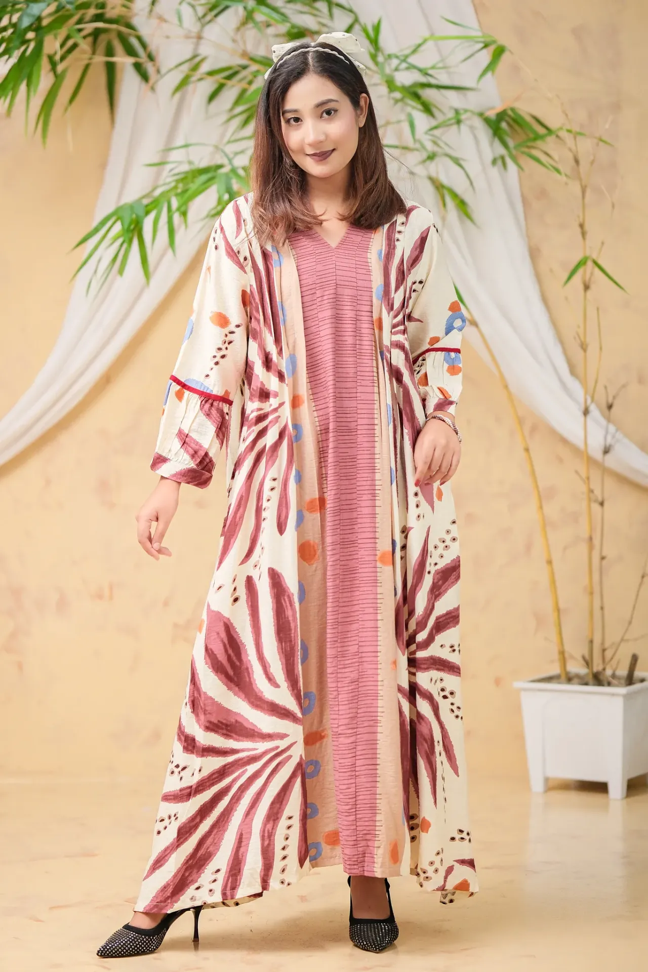 [1301] Light Maroon Off White Long Tunic
