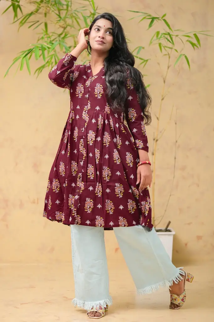 Rich Maroon White Orange Floral Frock