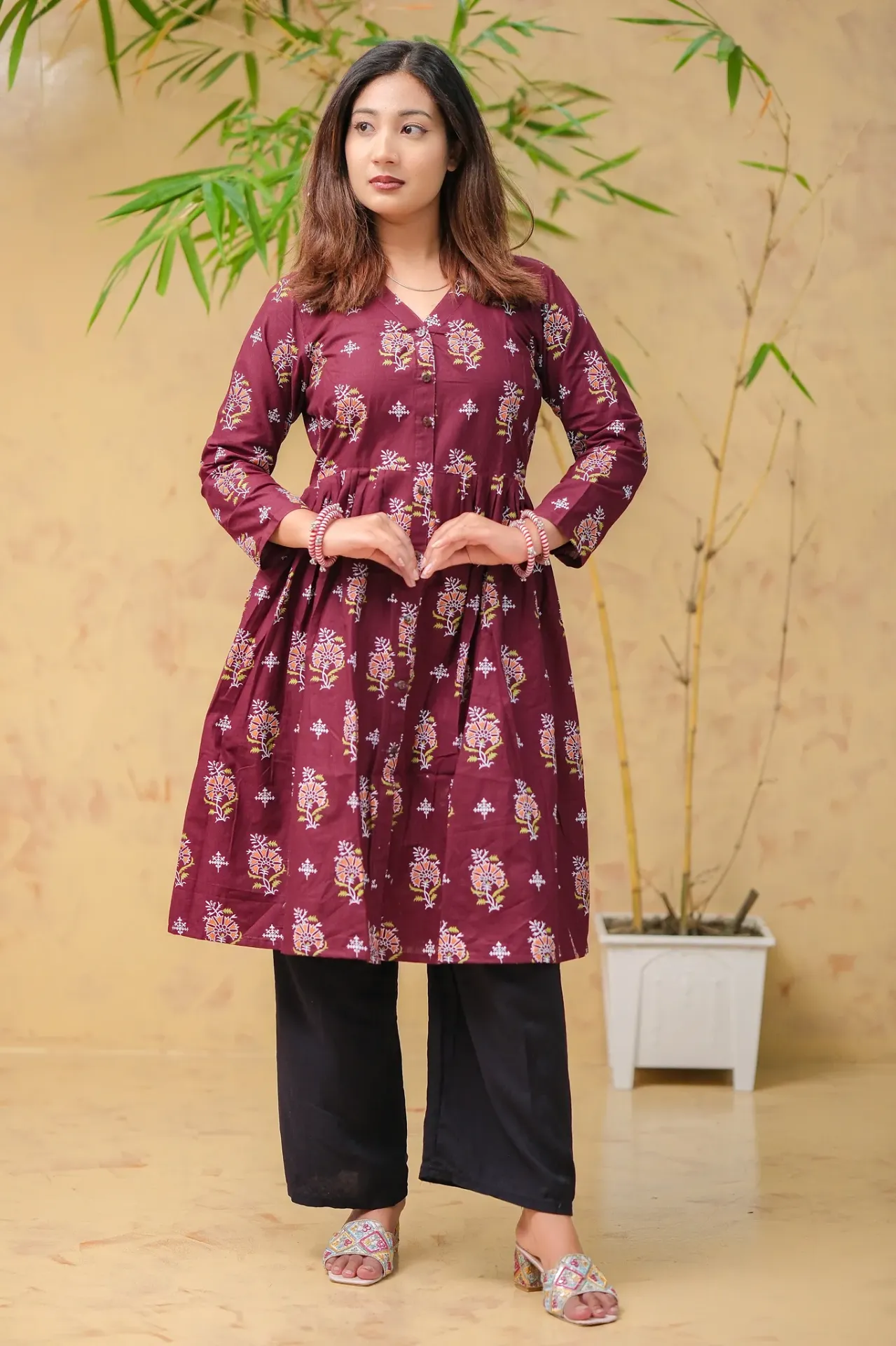 [0304] Rich Maroon White Orange Floral Frock (36)