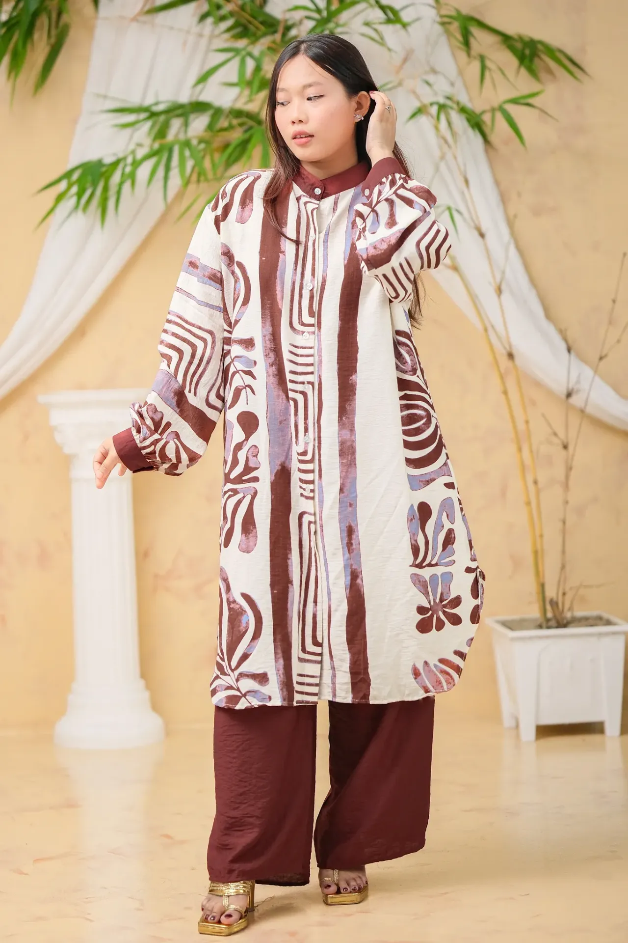 Off-White Maroon Floral Co-Ords