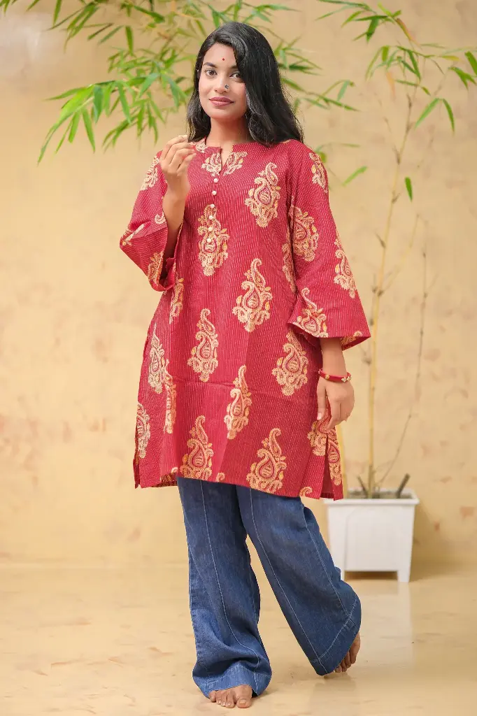 Red Mustard Yellow Floral Jaypuri Cotton Short Kurti