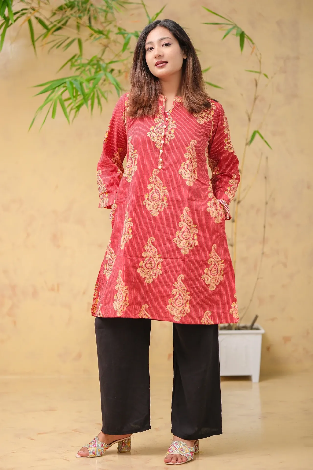 [0302] Red Mustard Yellow Floral Jaypuri Cotton Short Kurti (36)