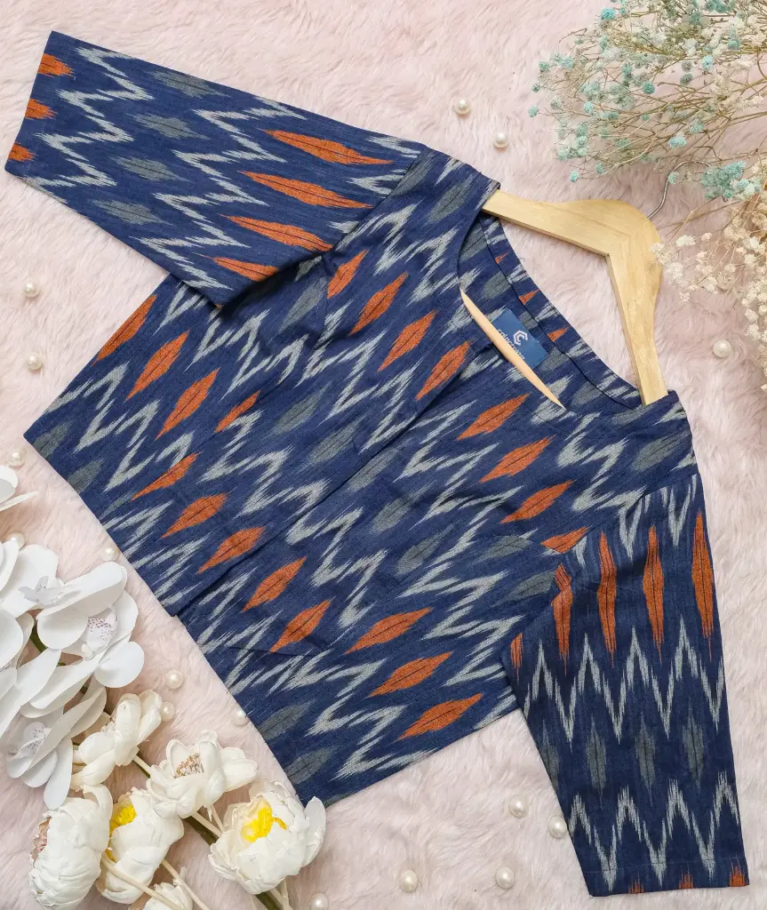 [0222] Navy Blue Rust Orange Ikkat Cotton Blouse (34)