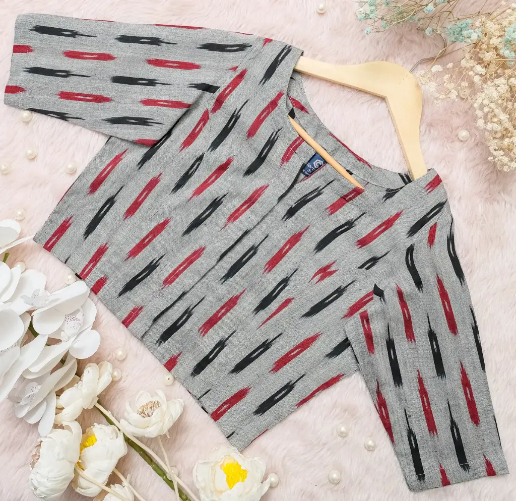 [0222] Light Gray Black Maroon Ikkat Cotton Blouse (34)