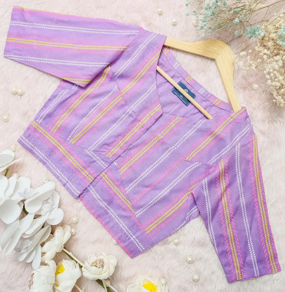 [0204] Pastel Lavender Stripe Pattern Screen Print Cotton Blouse (34)