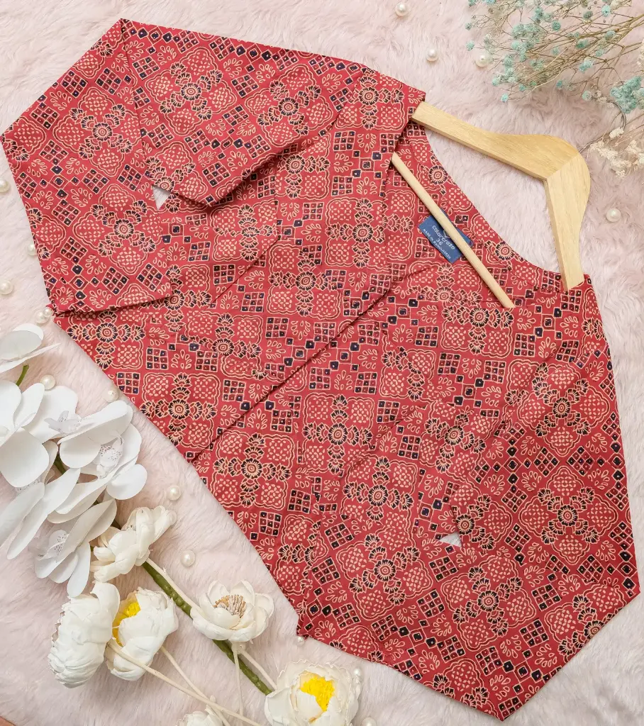 [0216] Brick Red Geometric Design Jaypuri Cotton Blouse (34)