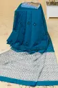 Teal Blue Body Ash Anchal Block Print Sequin Hand Work Sharee