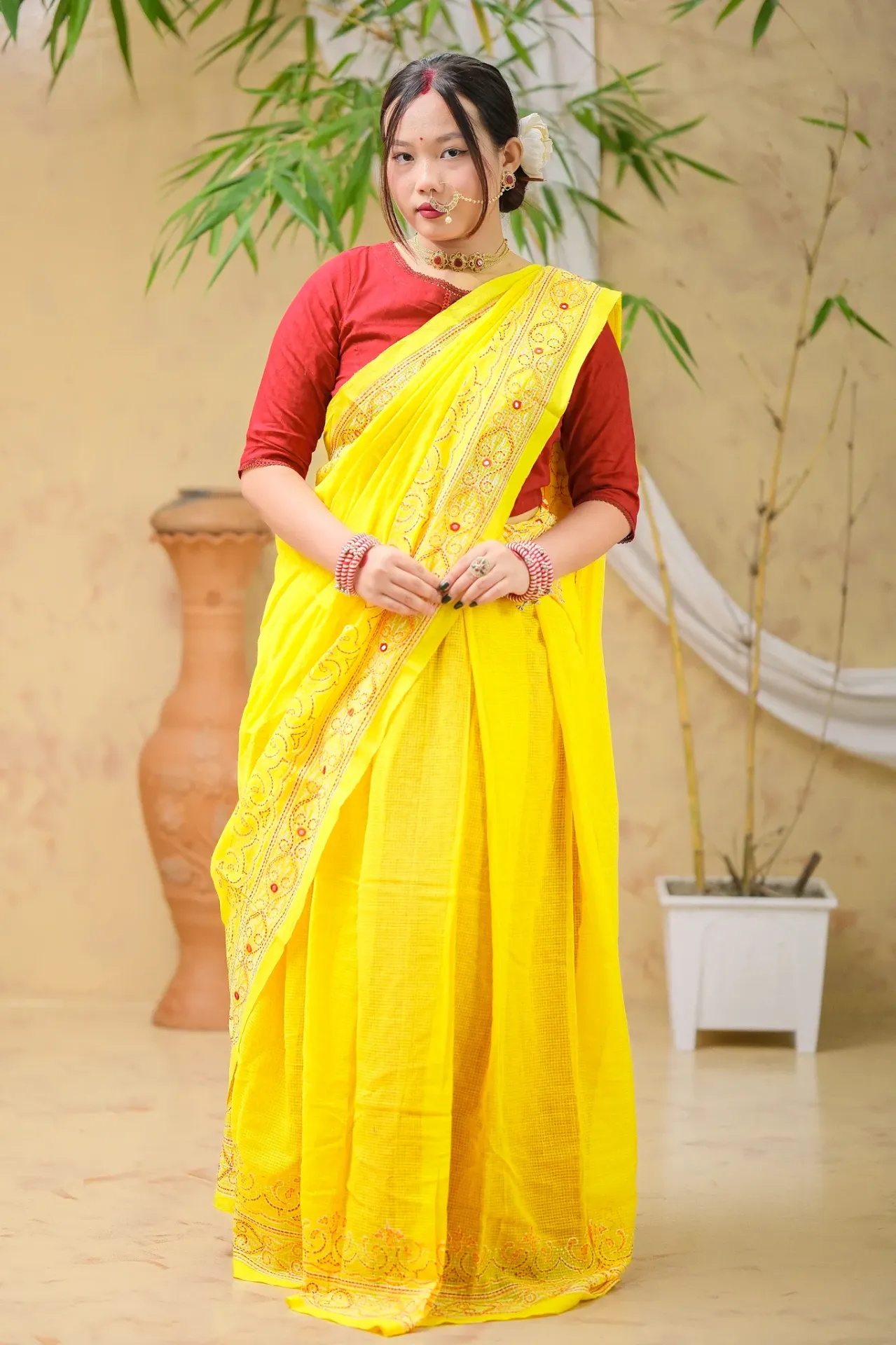 Yellow Body Orange Hand Work Mirror Kotta Cotton Sharee