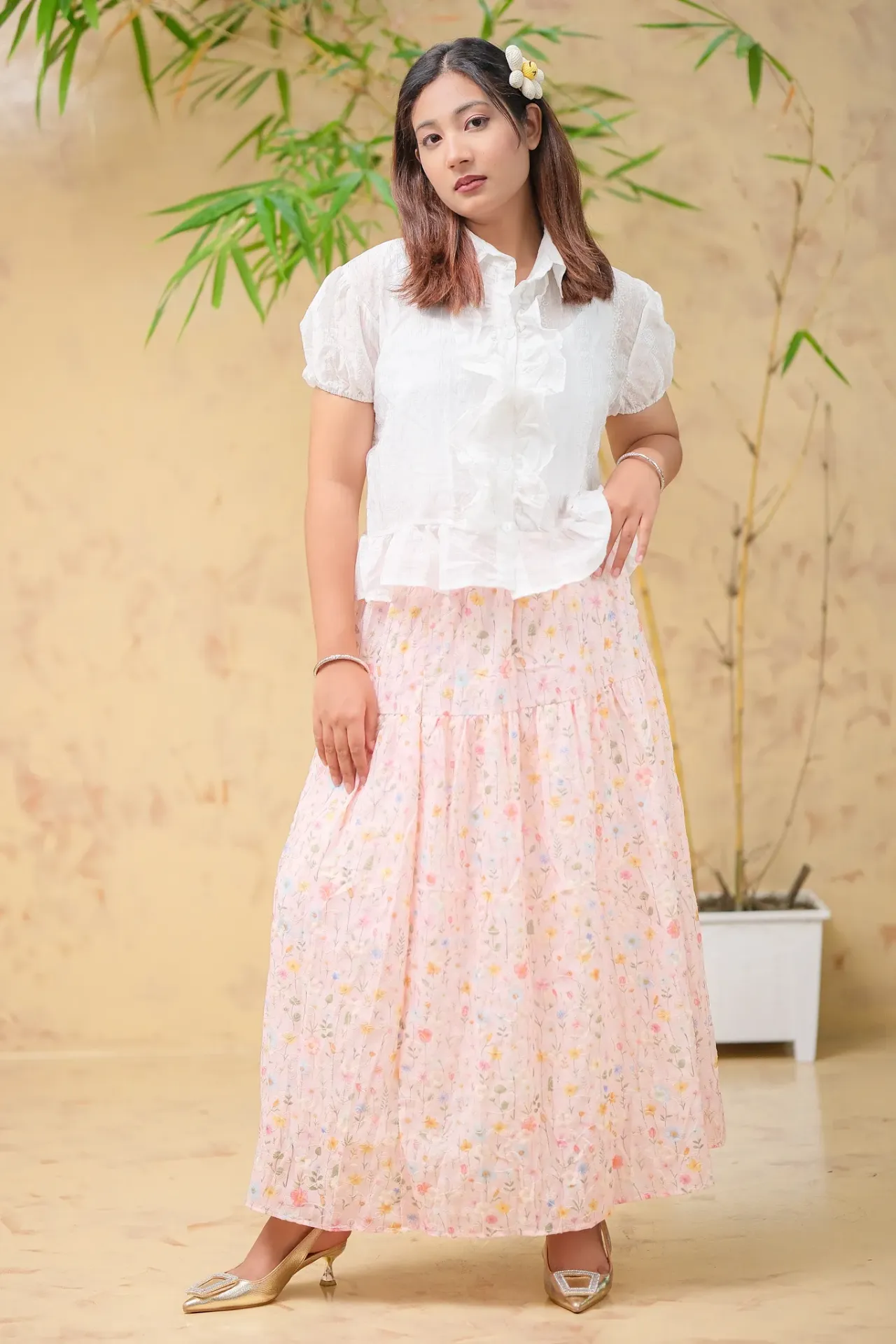 Baby Pink Small Flower Imported Skirts