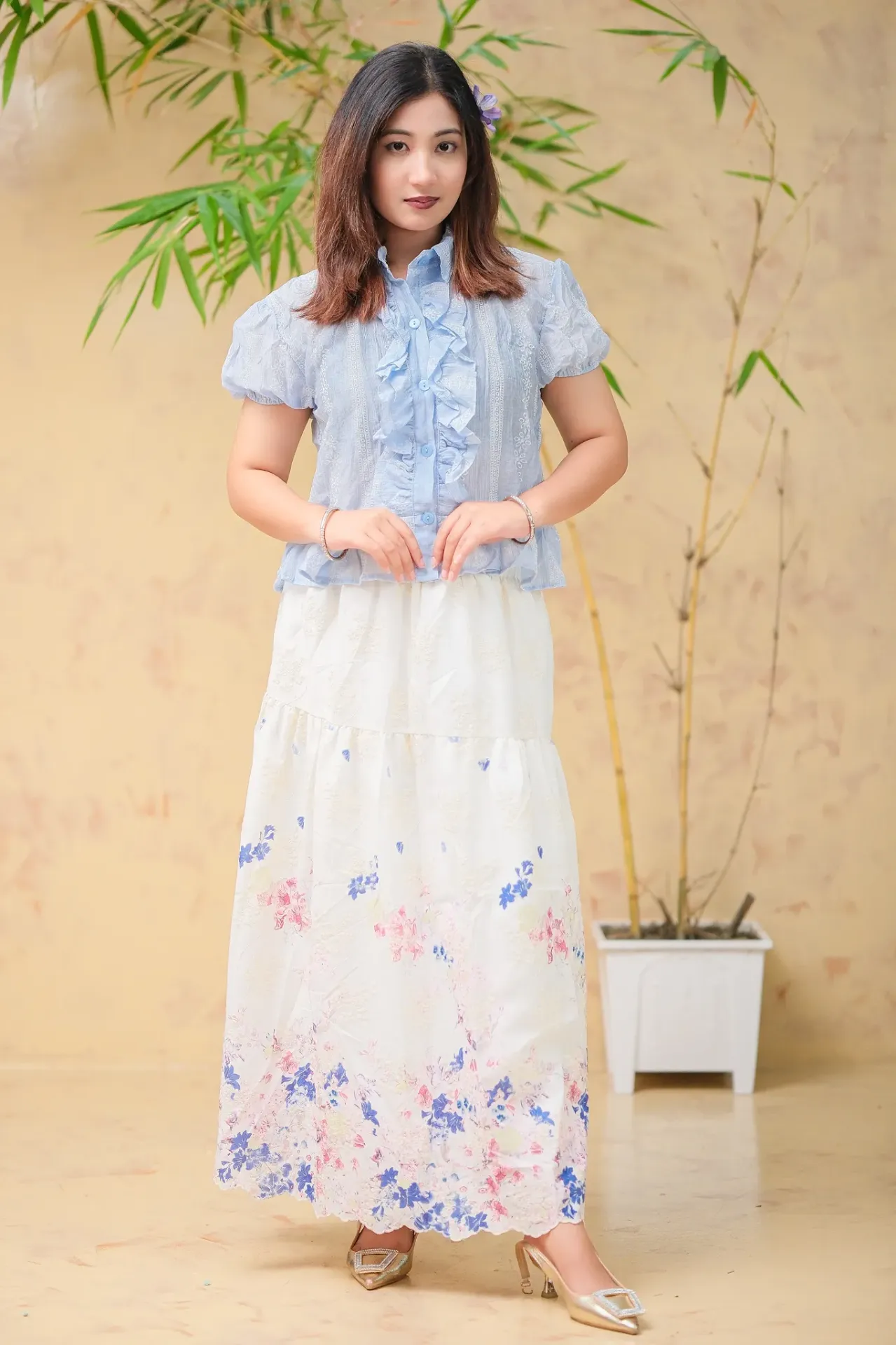 [1202] Off White Blue Magenta Floral Imported Skirts