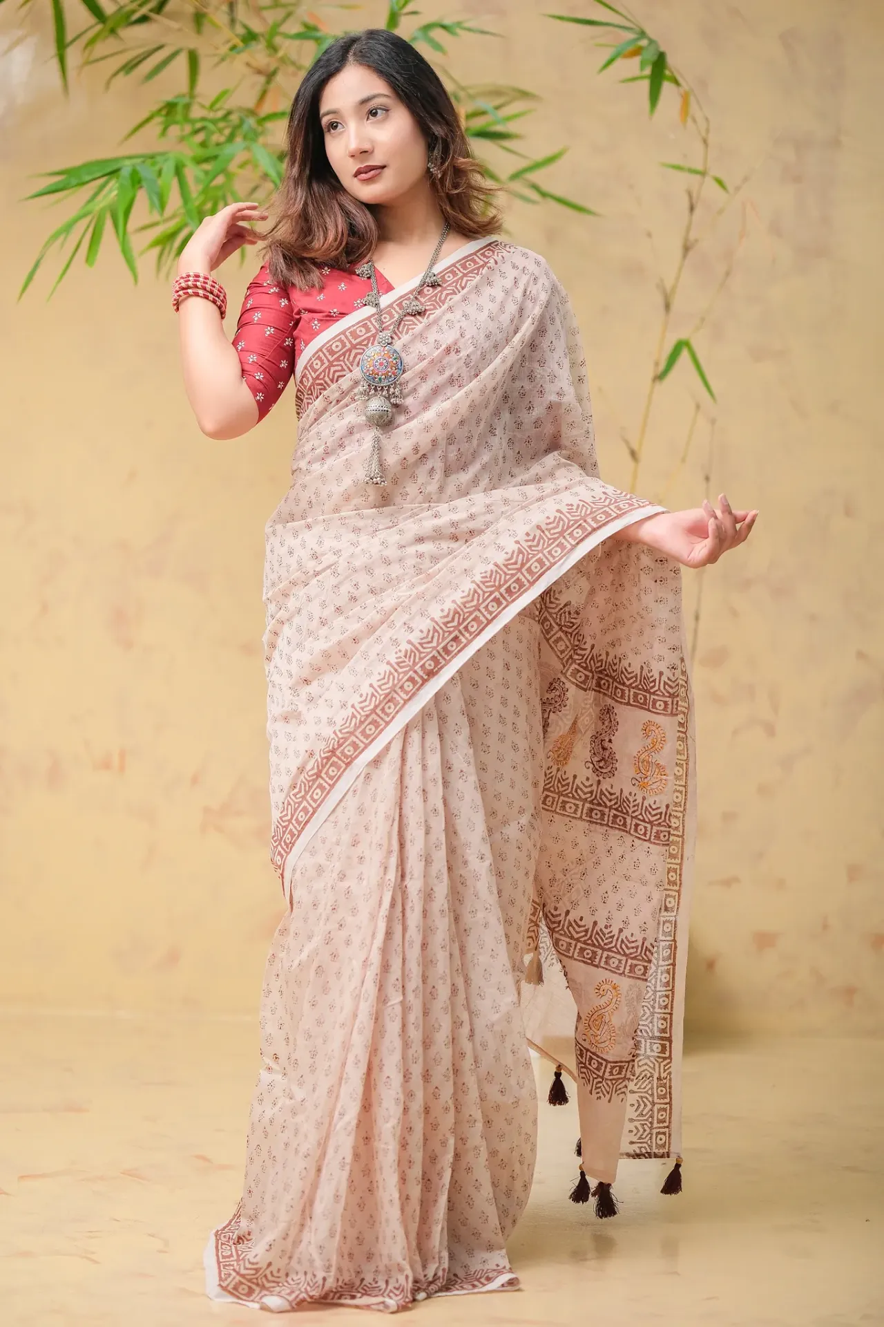 Dusty Peach Maroon Hand Work Sharee