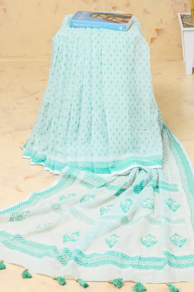 [0134] Ice Aqua Tiny Floral Hand Work Sharee