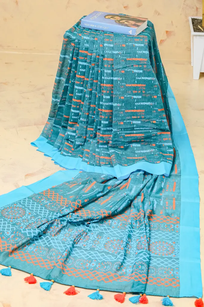 Deep Teal Body Coral Orange Floral Mix Cotton Sharee