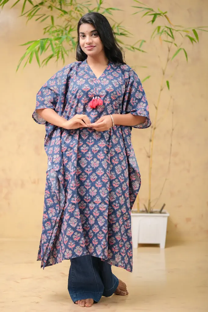 Navy Blue Red Beige Floral Kaftan