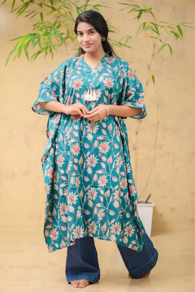 Deep Turquoise Blue Floral Kaftan