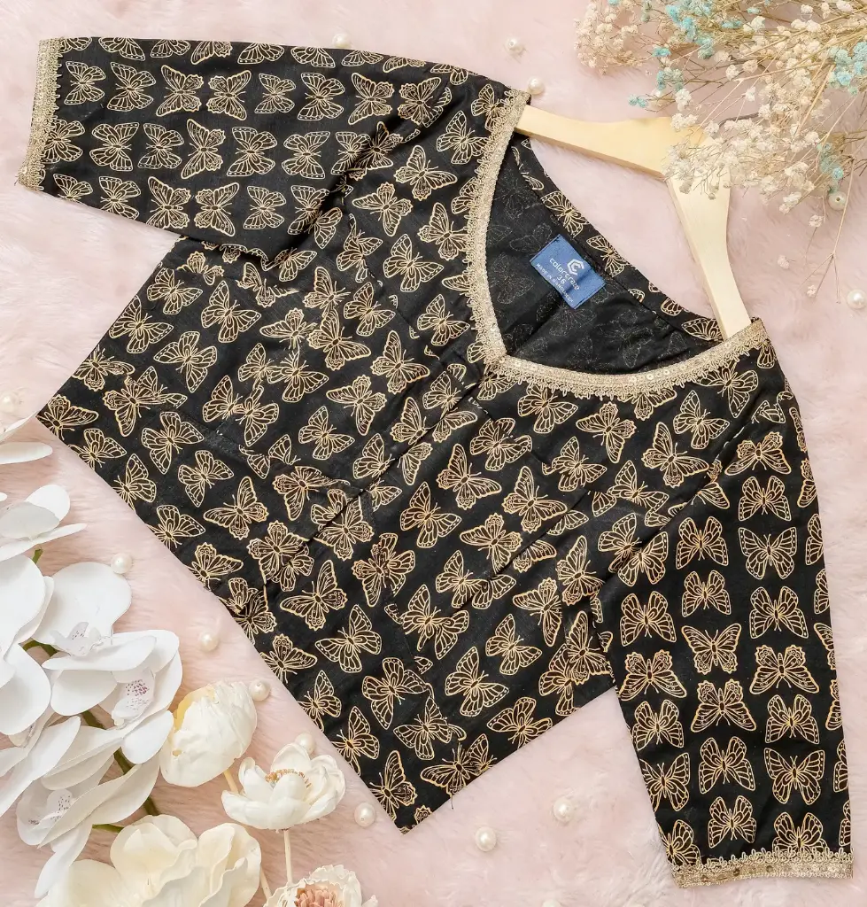 [0204] Black Butterfly Motif Screen Print Cotton Blouse (34)