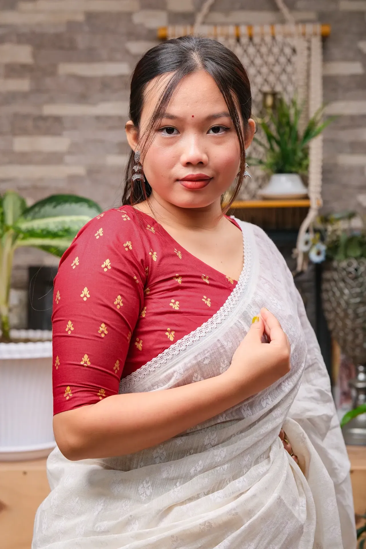 Maroon Golden Small Design Screen Print Cotton Blouse