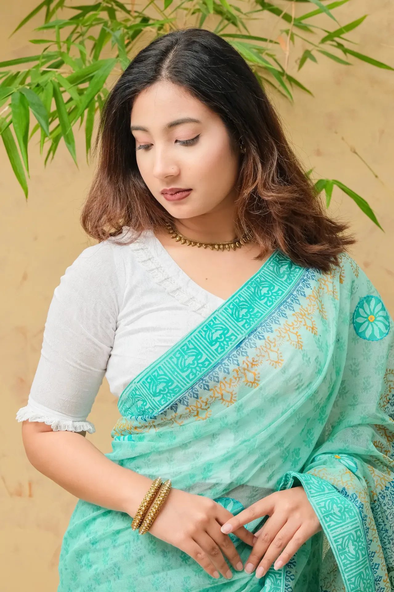 White Jacqurd Lace Neck and Sleeve Blouse