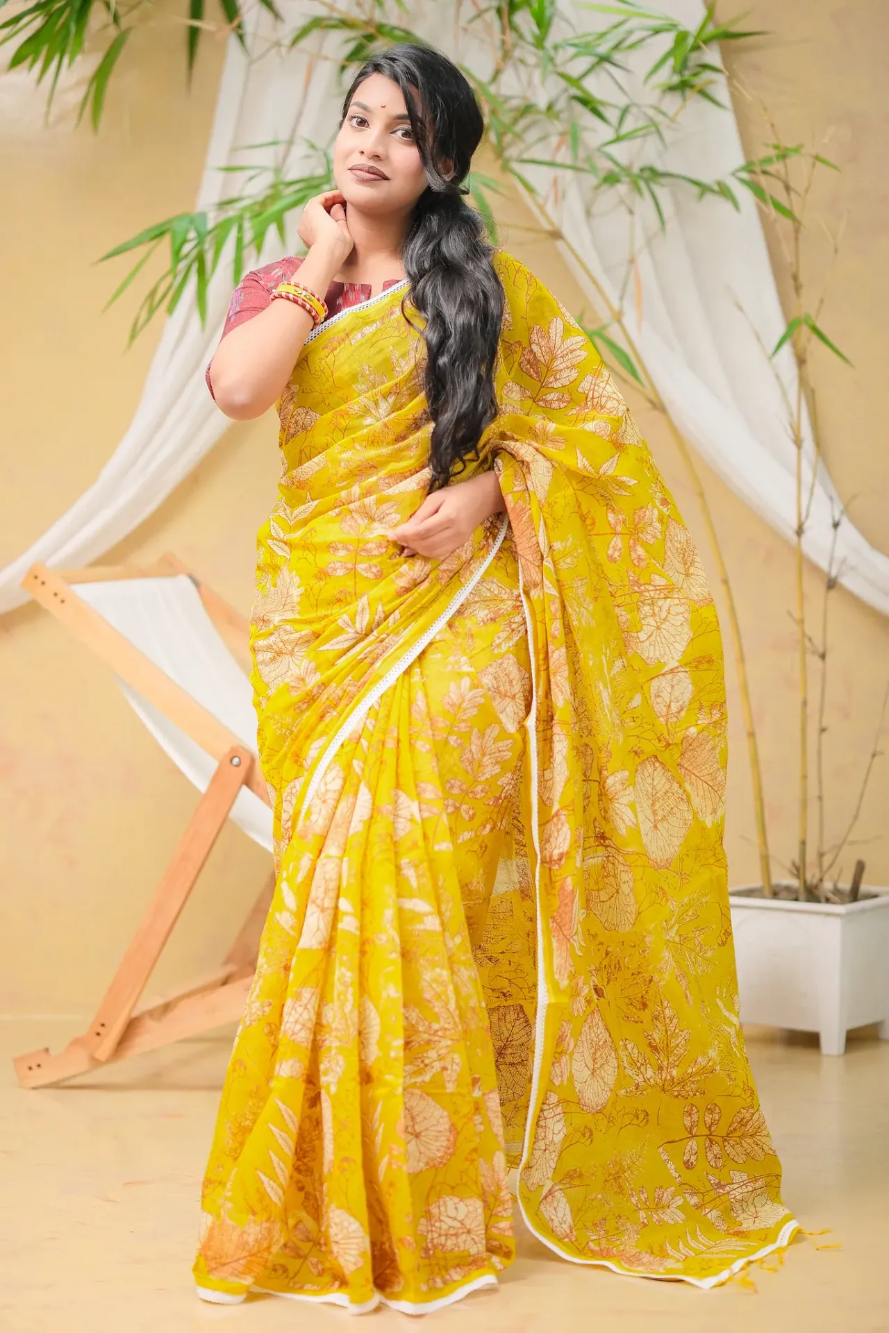 Golden Yellow Body Off-White Leaf Design Half Silk Screen Print Sharee