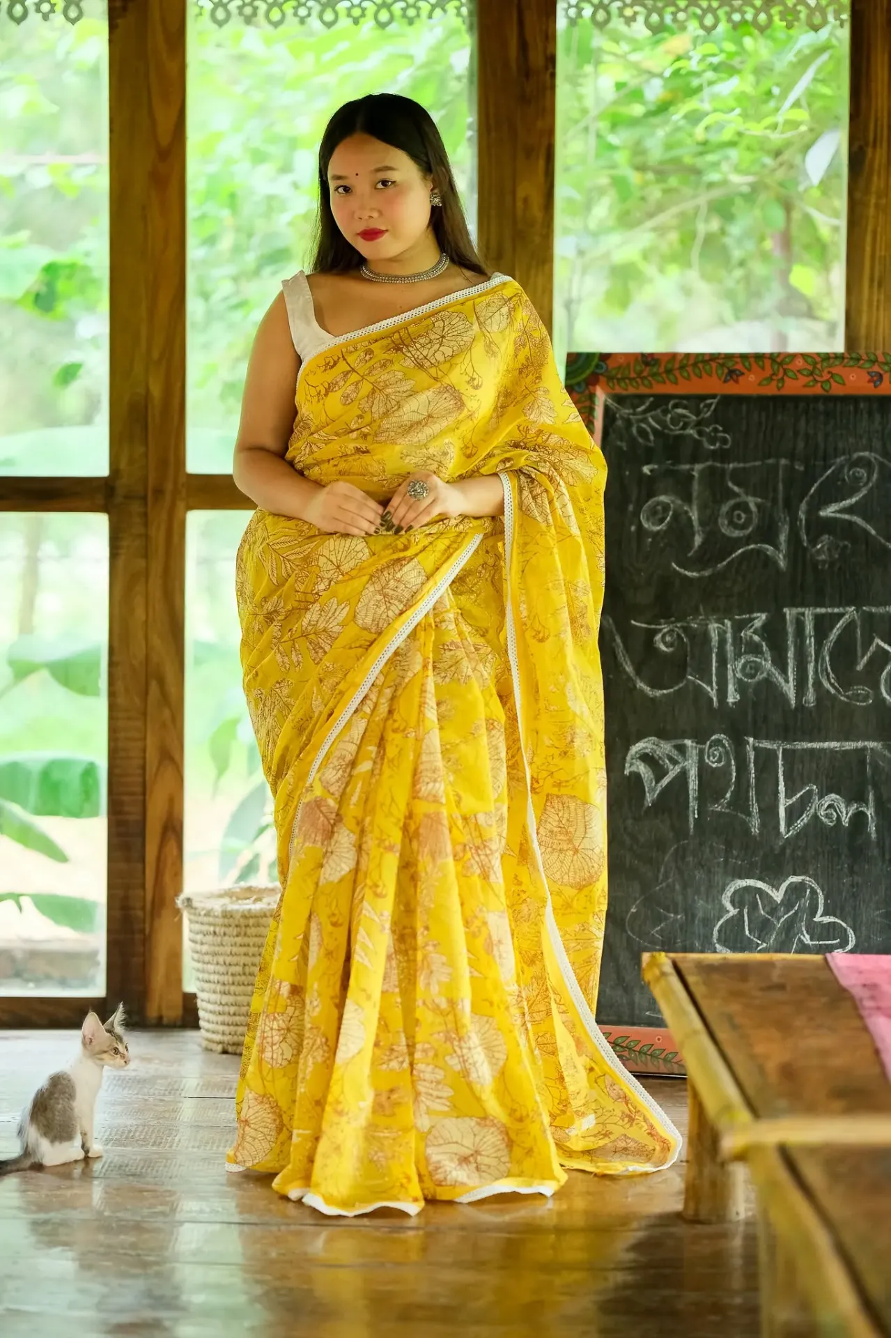 Golden Yellow Body Off-White Leaf Design Half Silk Screen Print Sharee