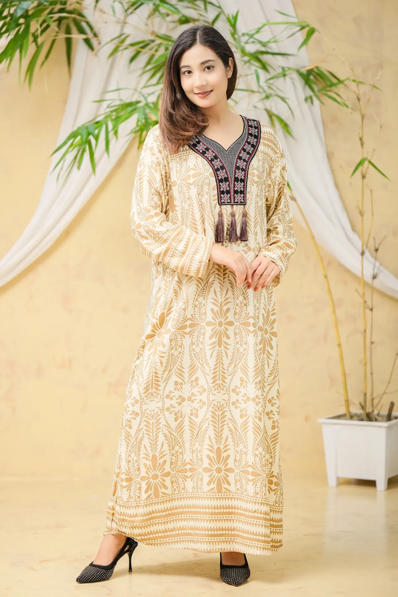 Warm Beige Brown Floral Long Tunic