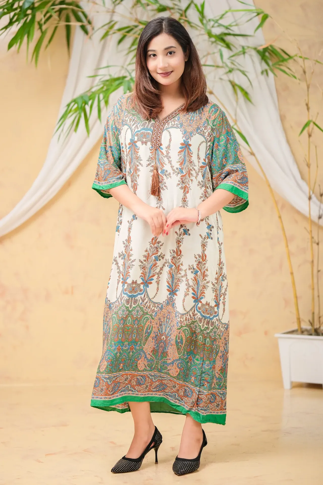 Off-White Green Brown Floral Long Tunic