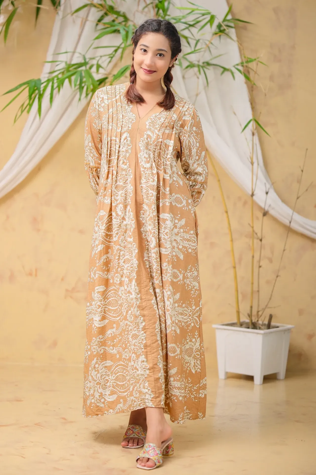Warm Camel Brown Off-White Floral Long Tunic