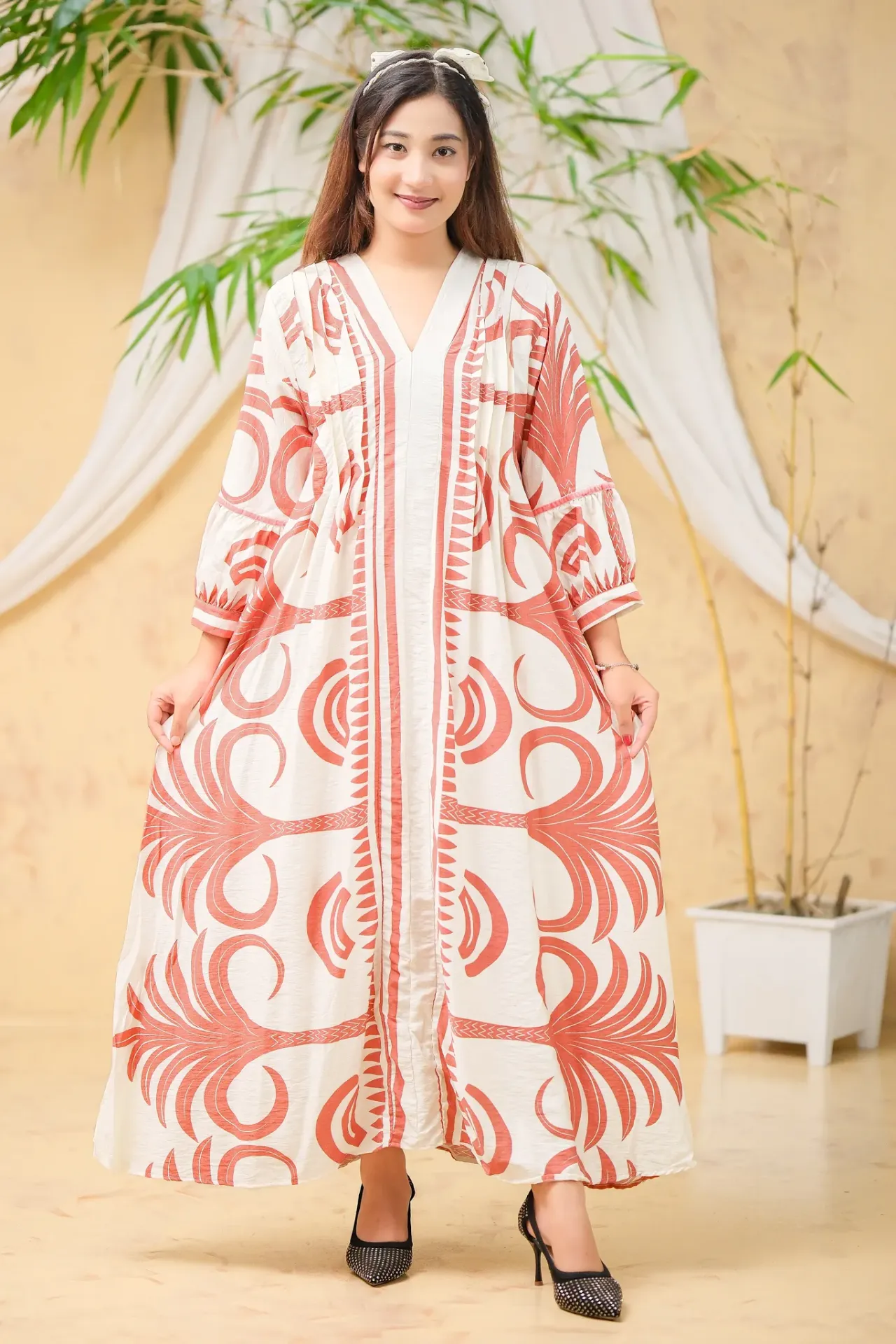 Light Cream Brick Red Long Tunic