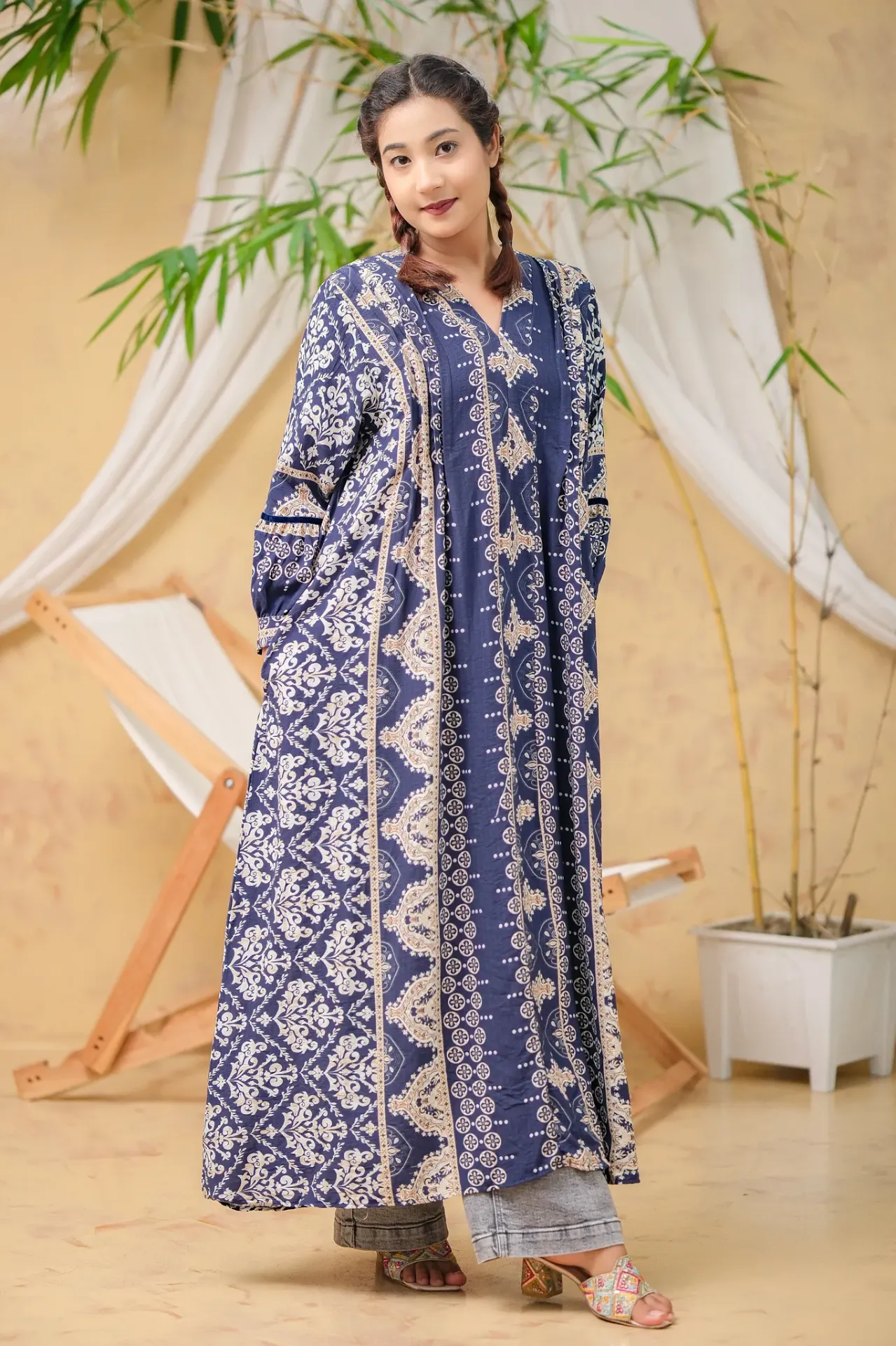 Navy Blue White Floral Long Tunic