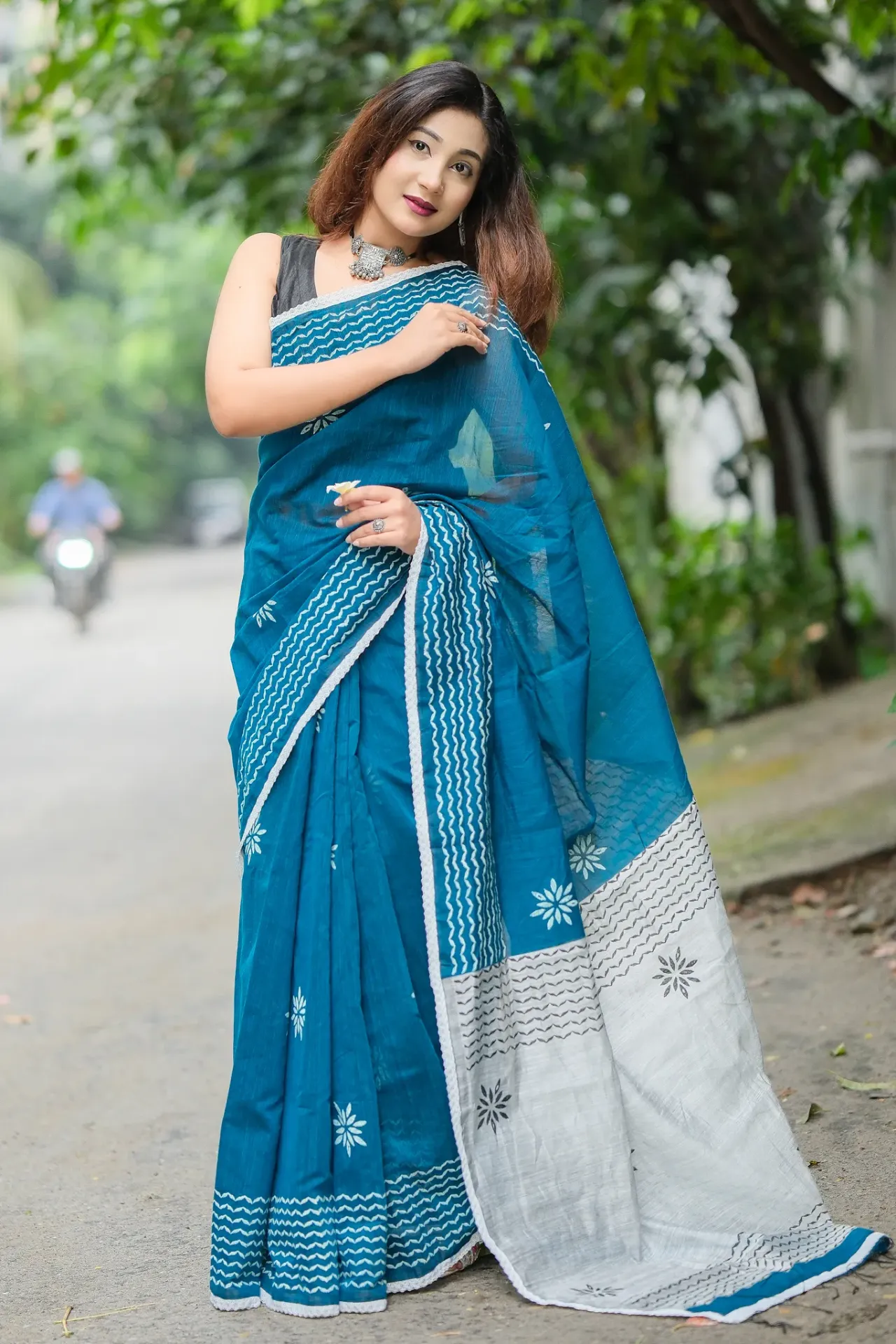 Rich Teal Body Ash Anchal Block Print Cotton Sharee