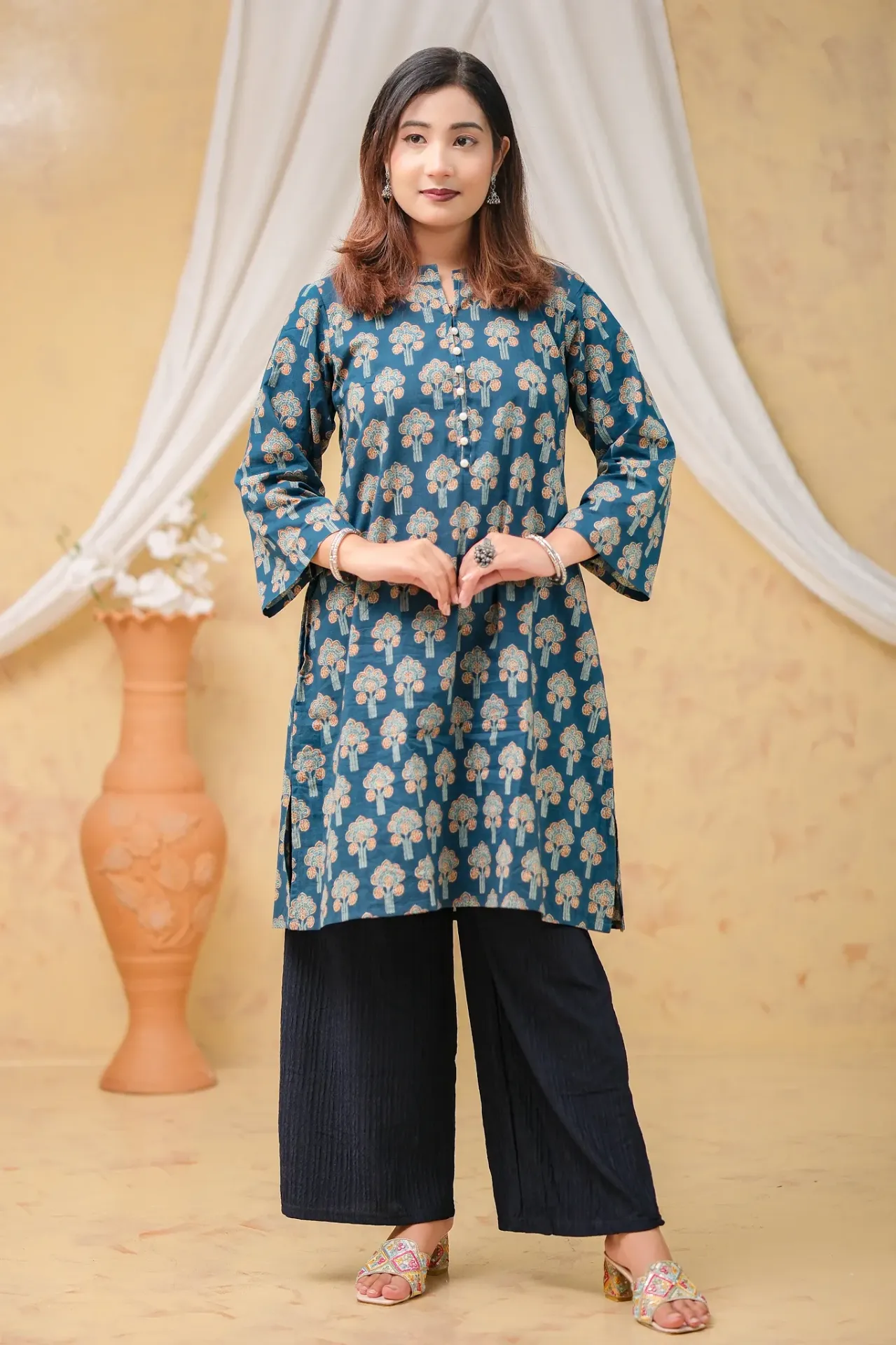 [0301] Rich Teal Jaypuri Cotton A-Shaped Kurti (36)