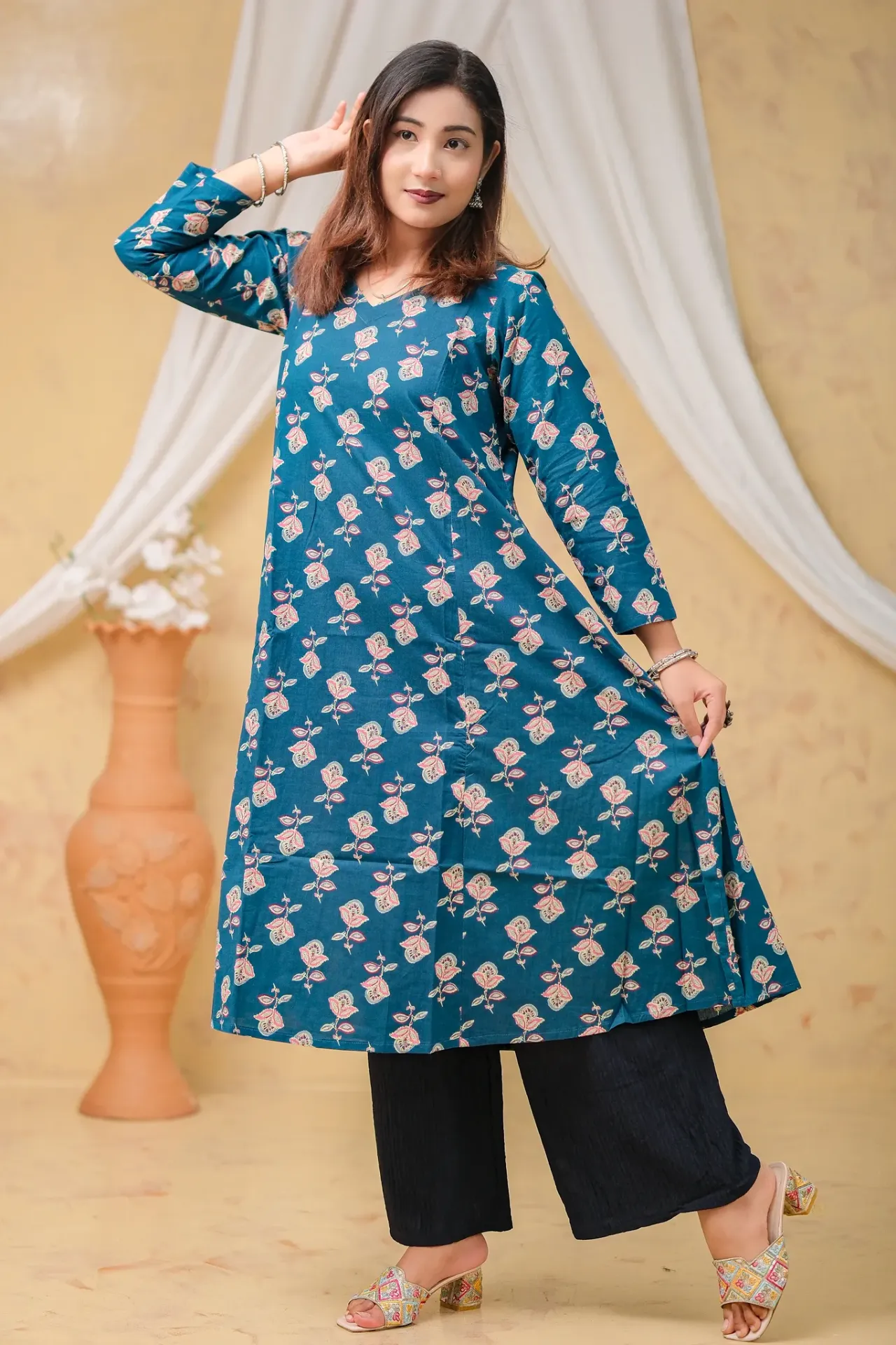 [0304] Rich Teal Pink Floral Jaypuri Cotton Frock (36)
