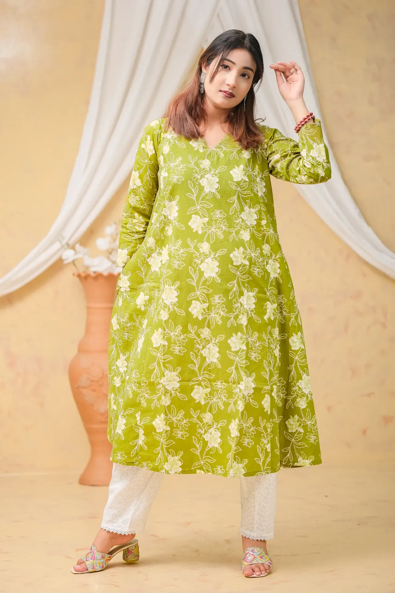 [0304] Olive Green White Floral Jaypuri Cotton Frock (36)