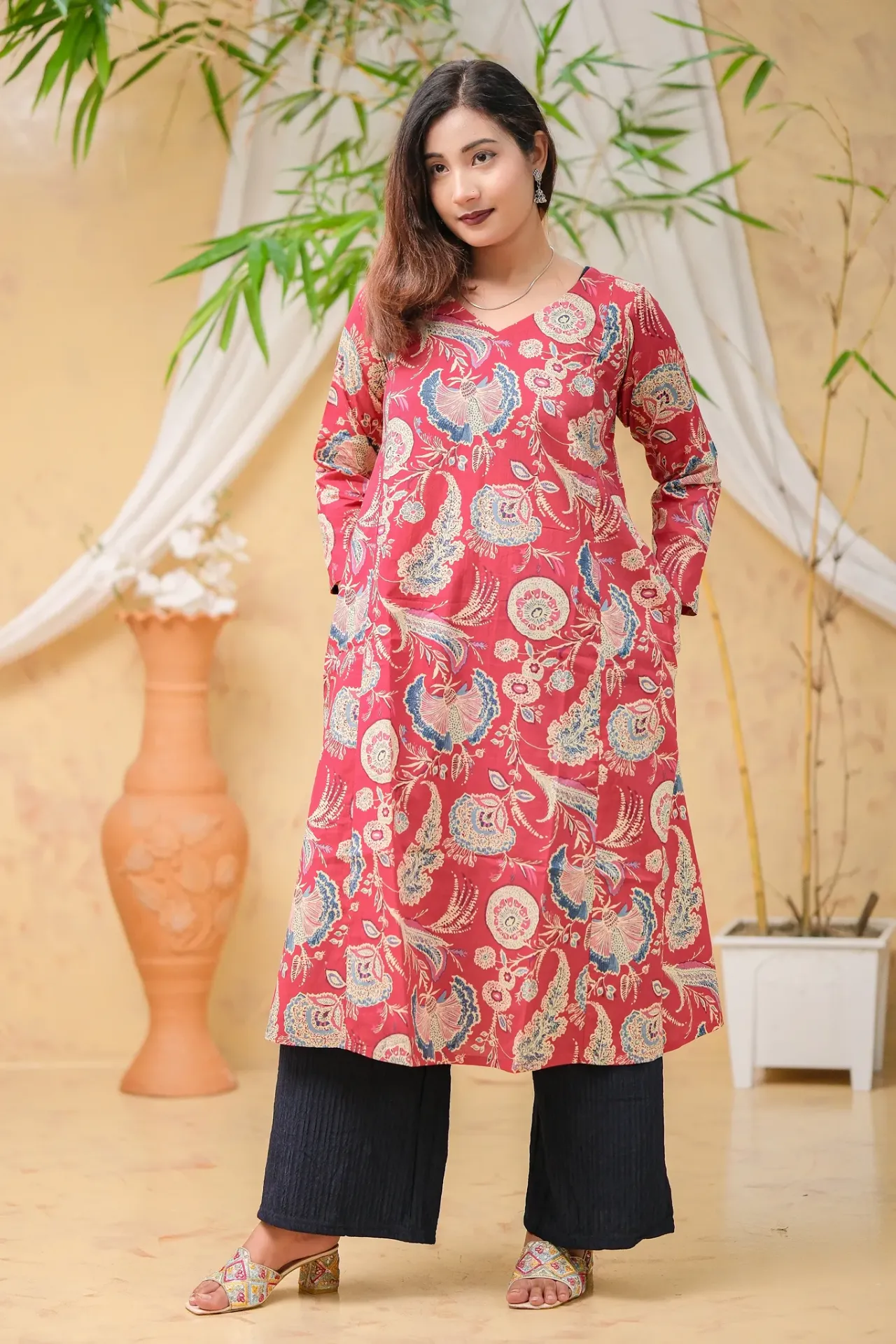 Crimson Red Floral Jaypuri Cotton Frock