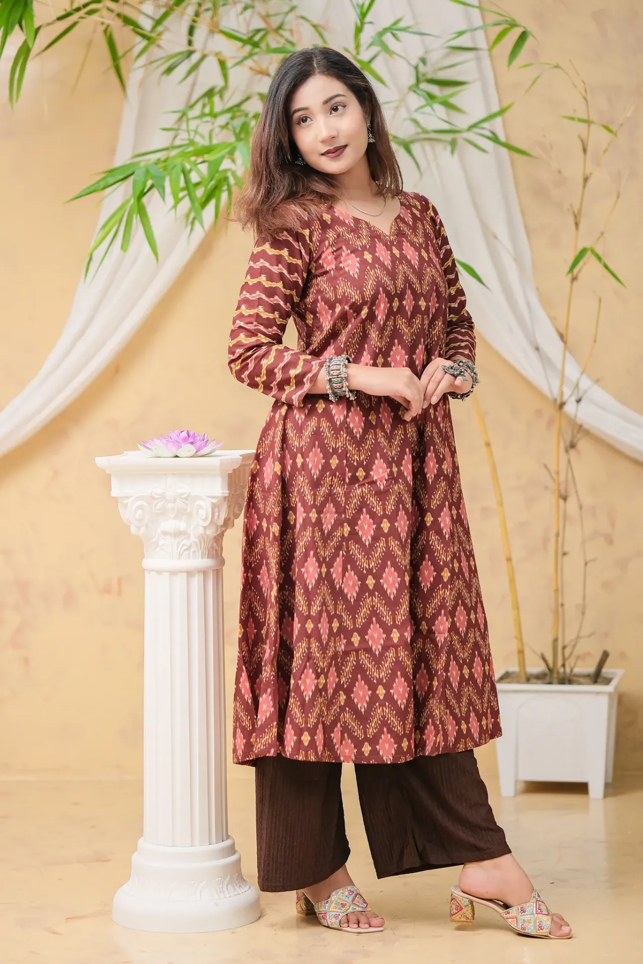 Deep Burgundy Geometric Design Jaypuri Cotton Frock