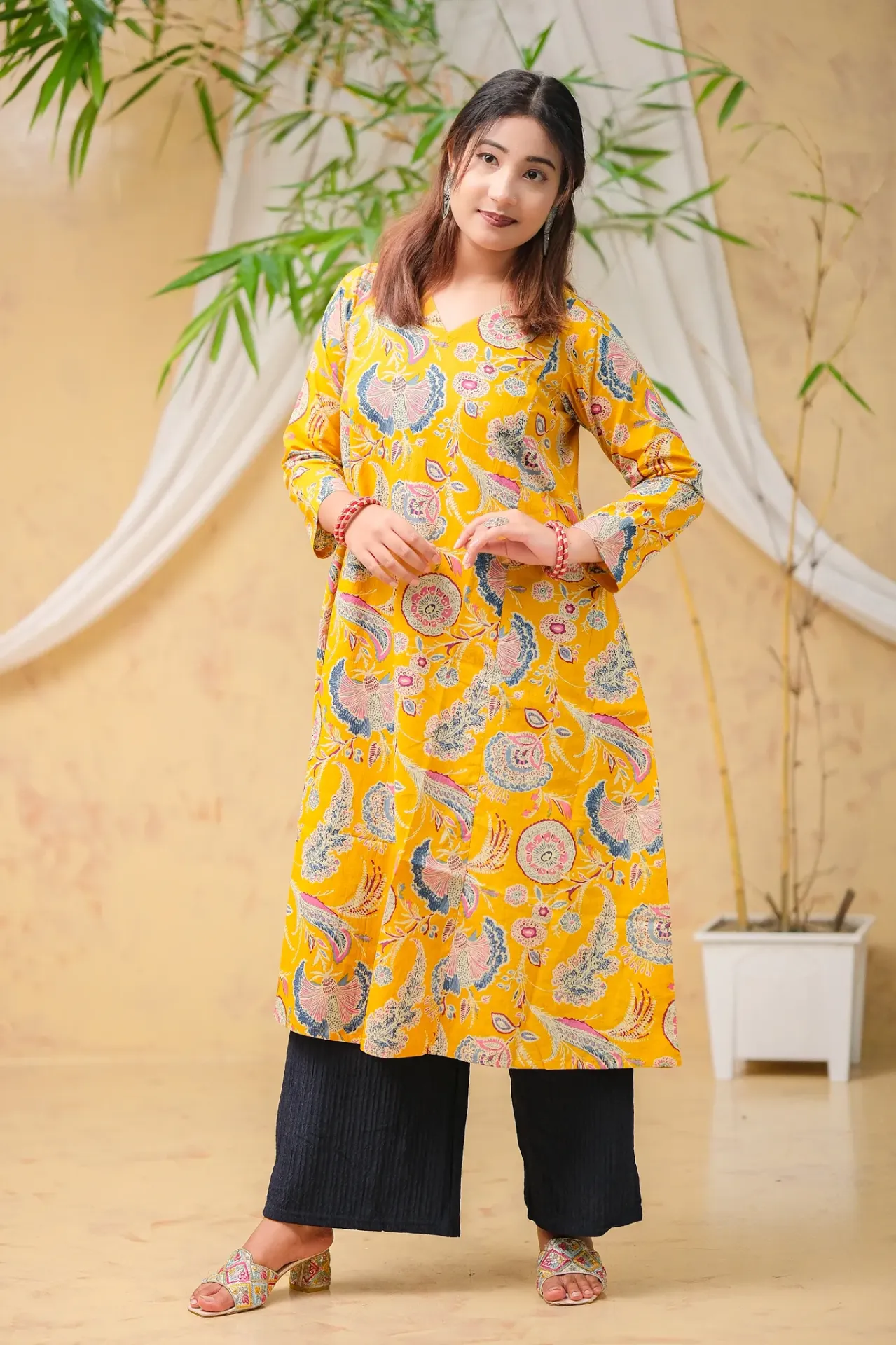 [0304] Mustard Yellow Floral Jaypuri Cotton Frock (36)