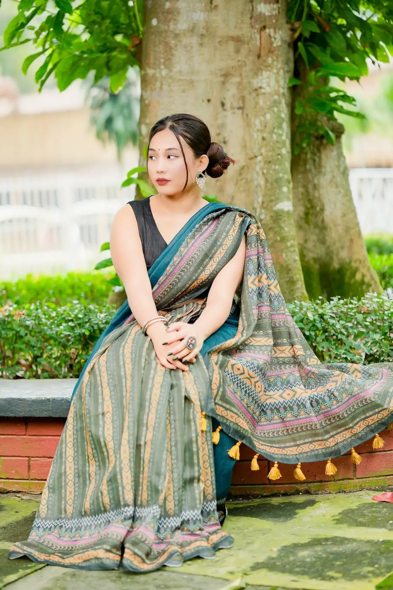 Bottle Green Ethnic Geometric Print Mix Cotton Sharee