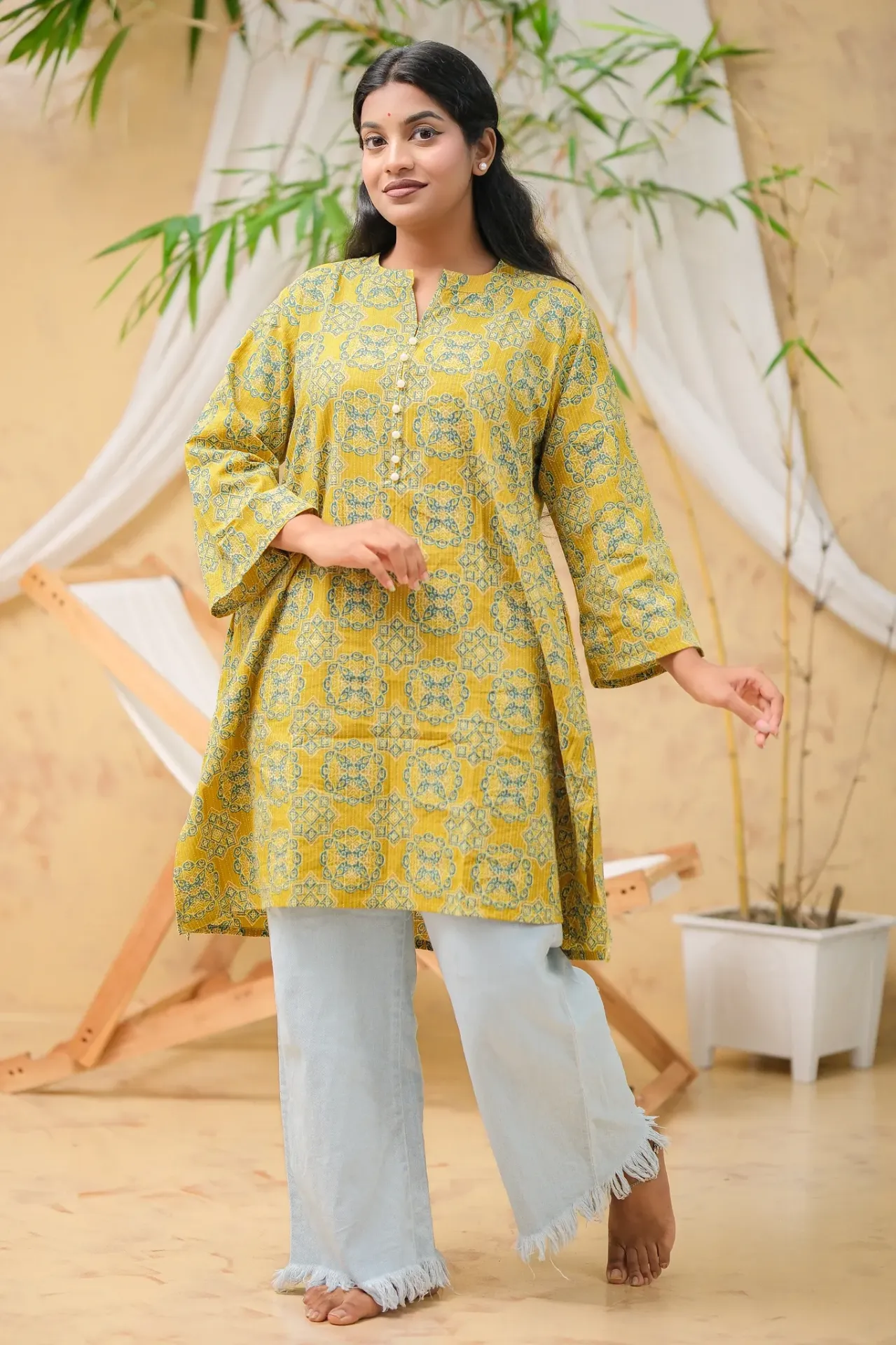 Mustard Yelow Green Geometric Print Jaypuri Cotton A-Shaped Kurti