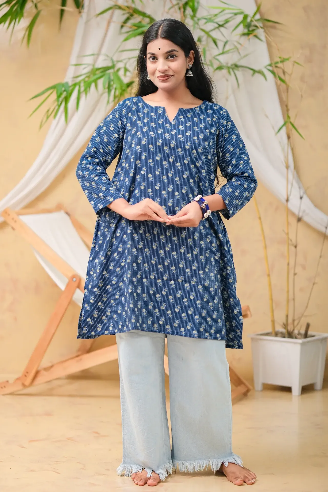 Indigo Blue Small Floral Jaypuri Cotton Regular Kurti