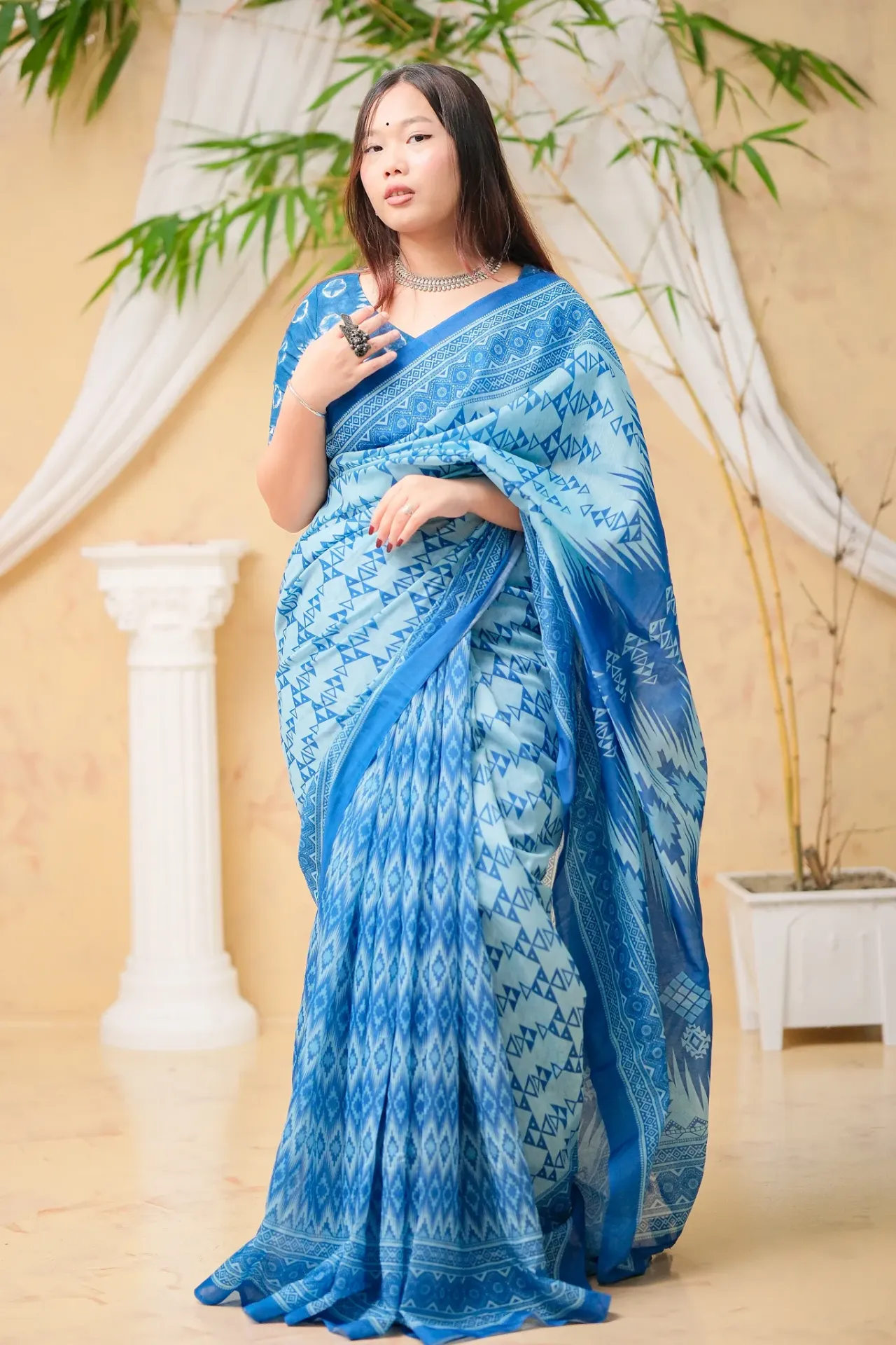 Pale Sky Blue Geometric Design Mix Cotton Sharee