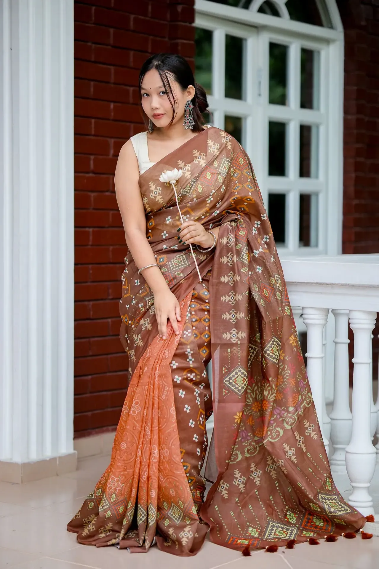 Mrittikamoy - Coffee Brown Green Geometric Motif Mix Cotton Sharee