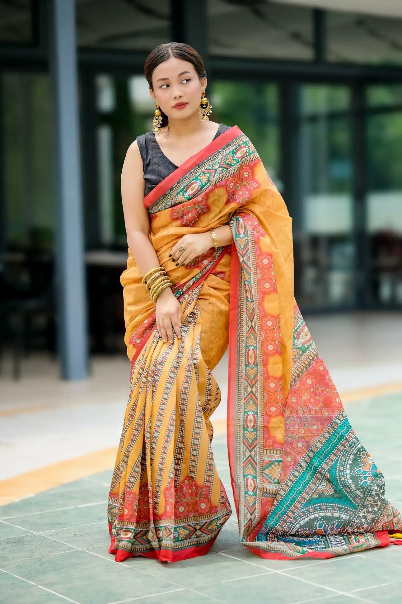 Mustard Gold Body Green Anchal Mix Cotton Sharee
