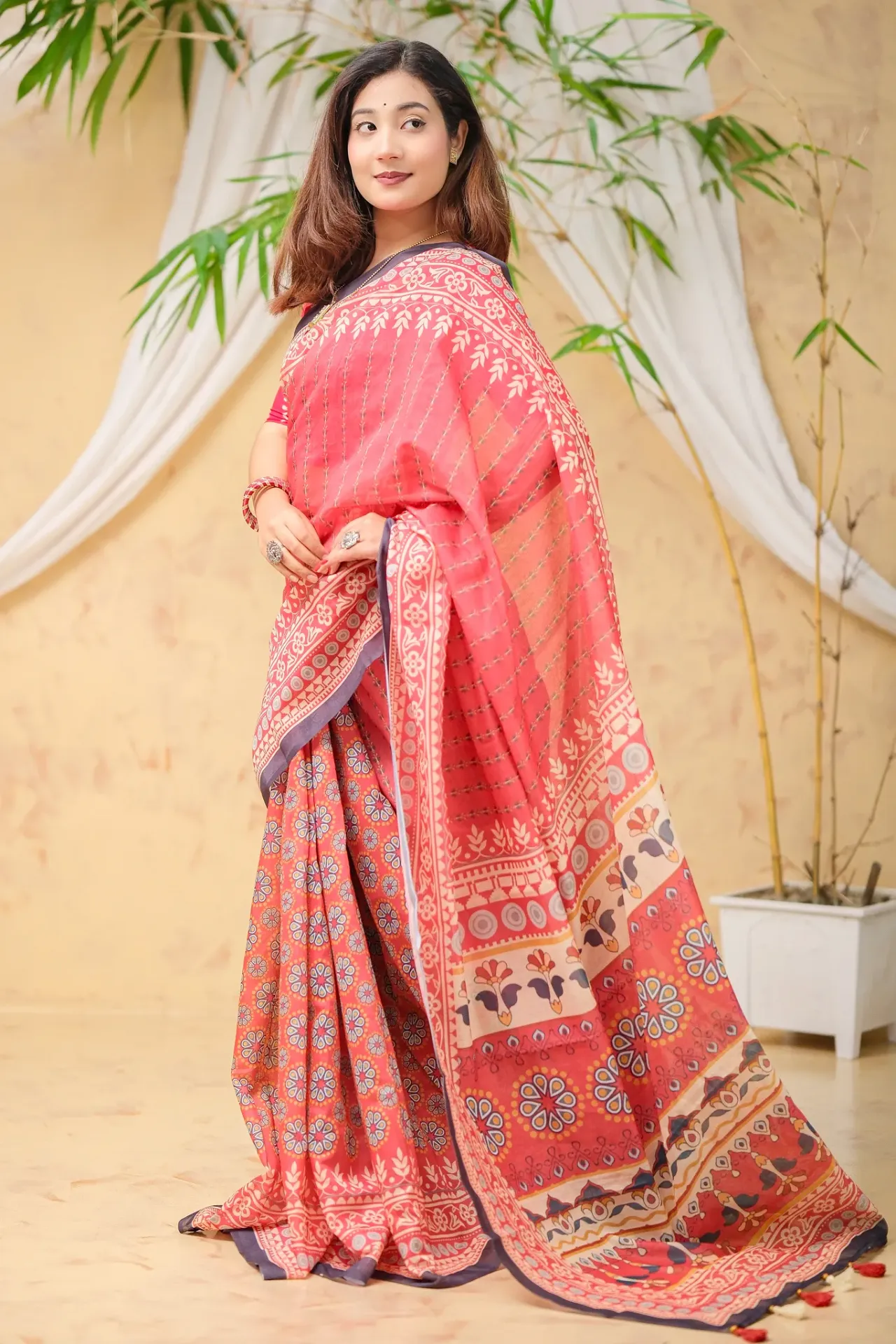 Coral Red Body Floral Anchal Mix Cotton Sharee