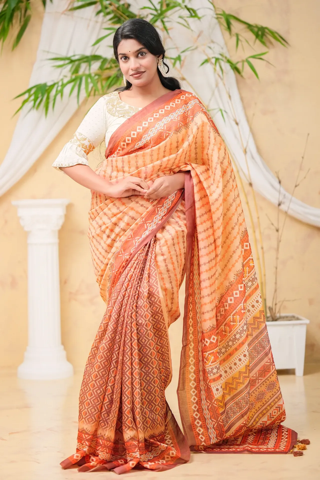 Off-White Body Burnt Orange Anchal Mix Cotton Sharee