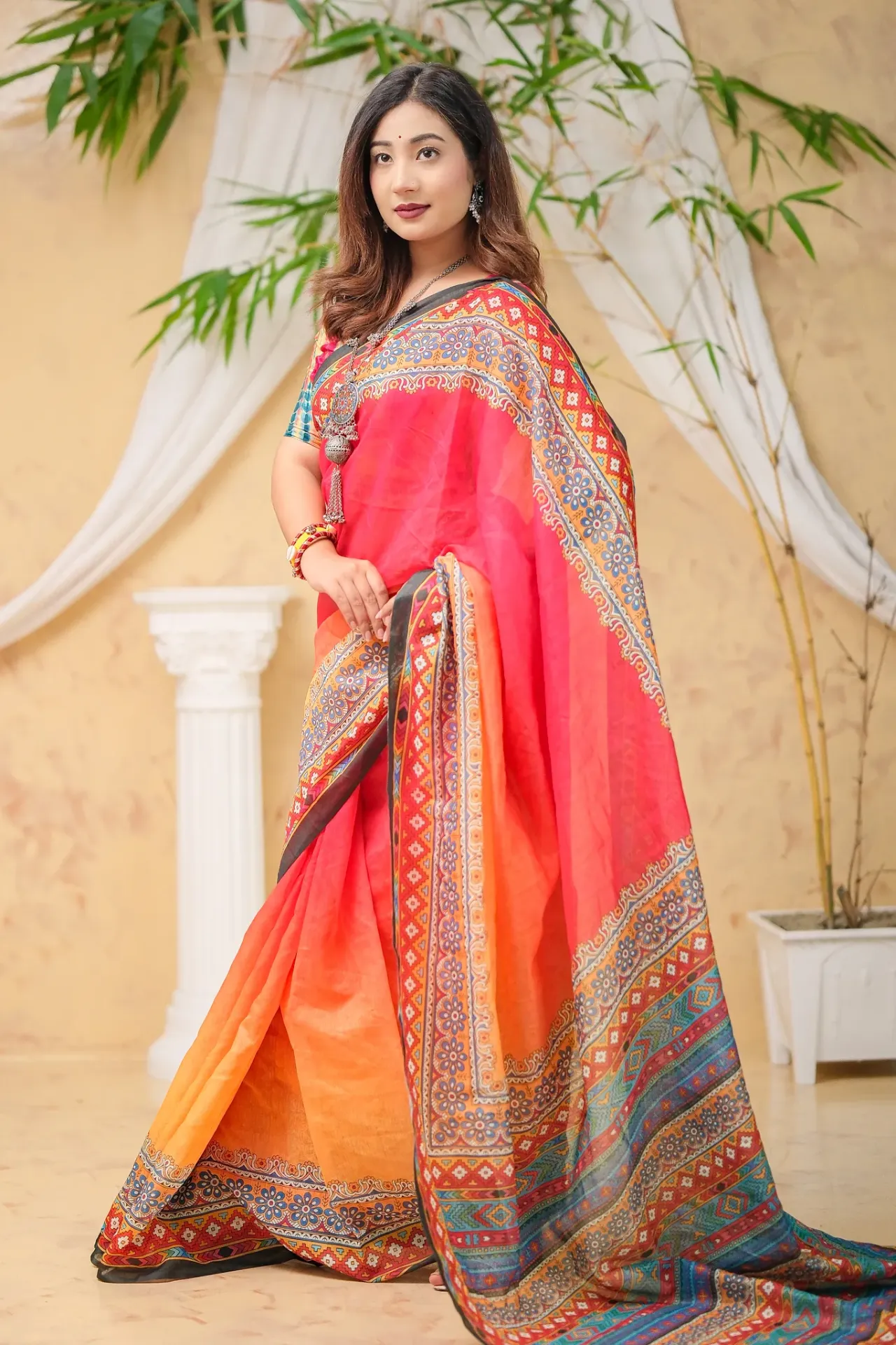 Orange & Coral Red Geometric Patter Mix Cotton Sharee