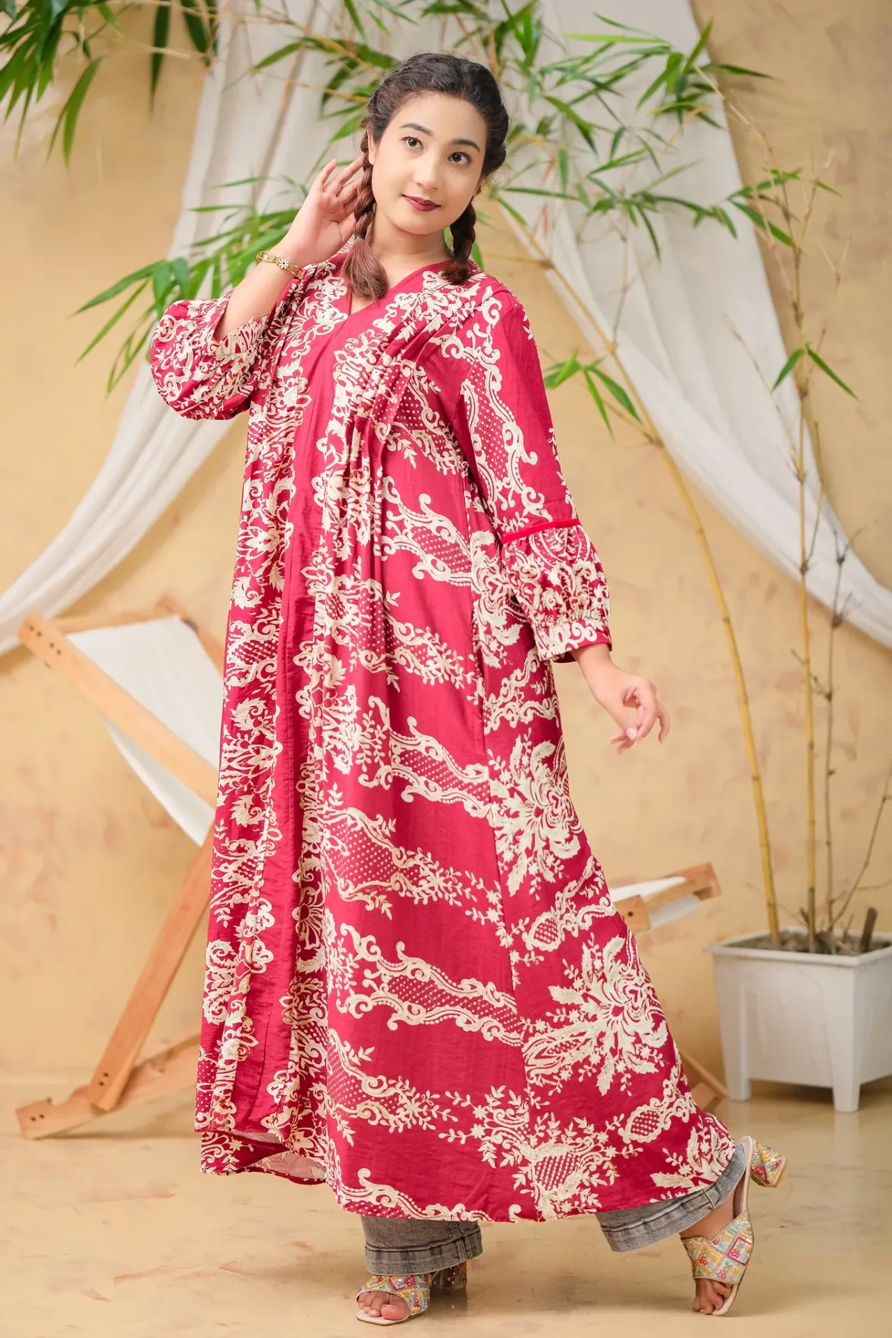 Maroon White Floral Long Tunic