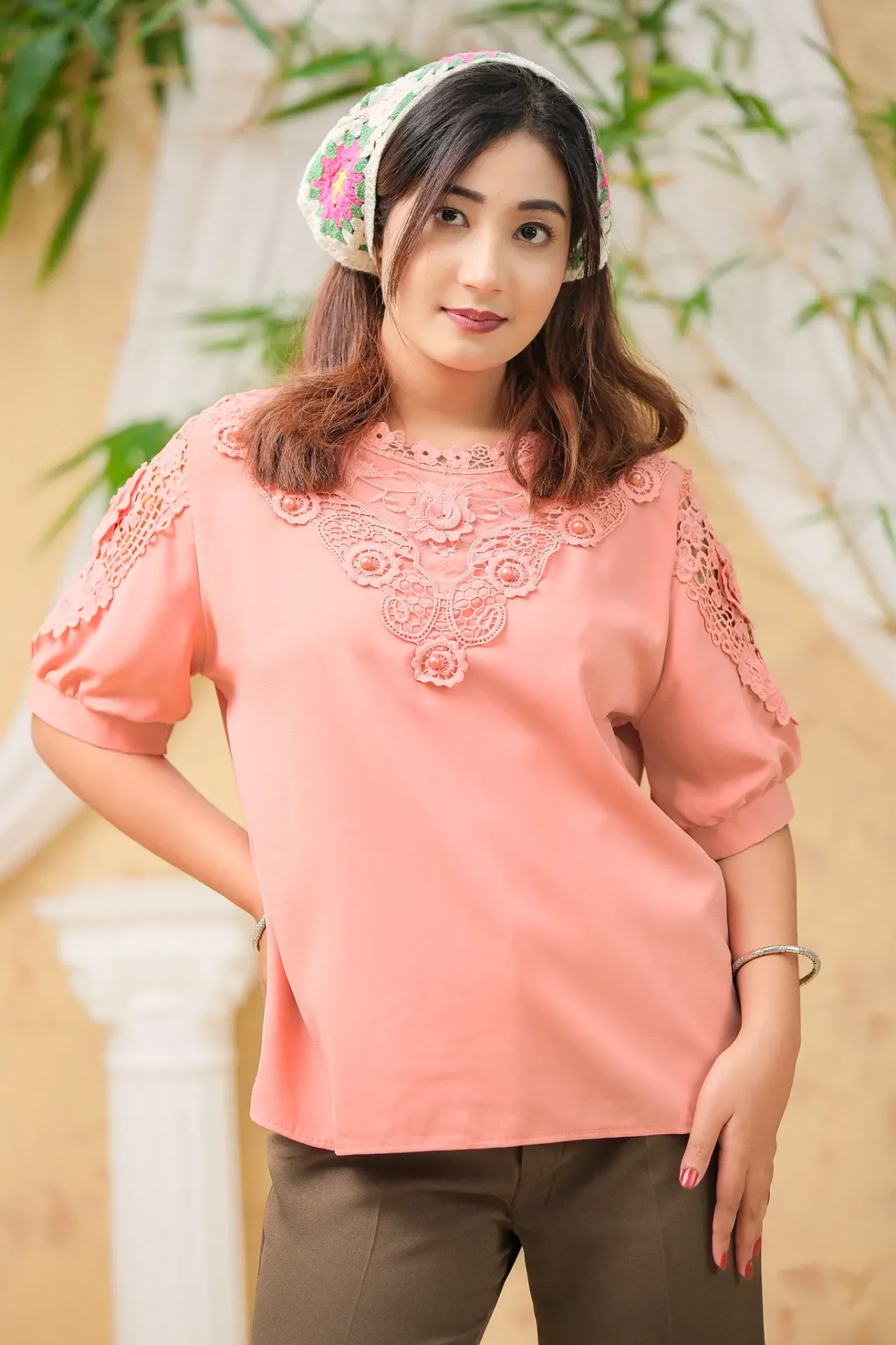 Solid Color Puff Sleeve Imported Applique Tops