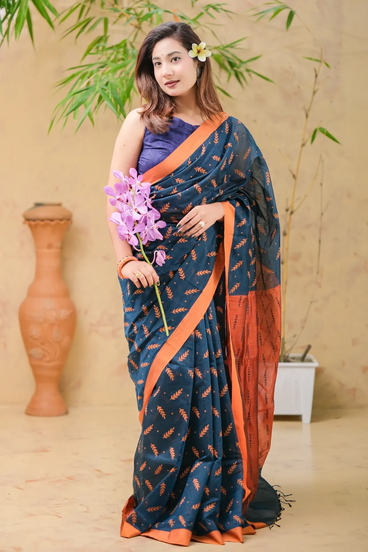 Navy Blue Body Rust Orange Anchal Half Silk Sharee